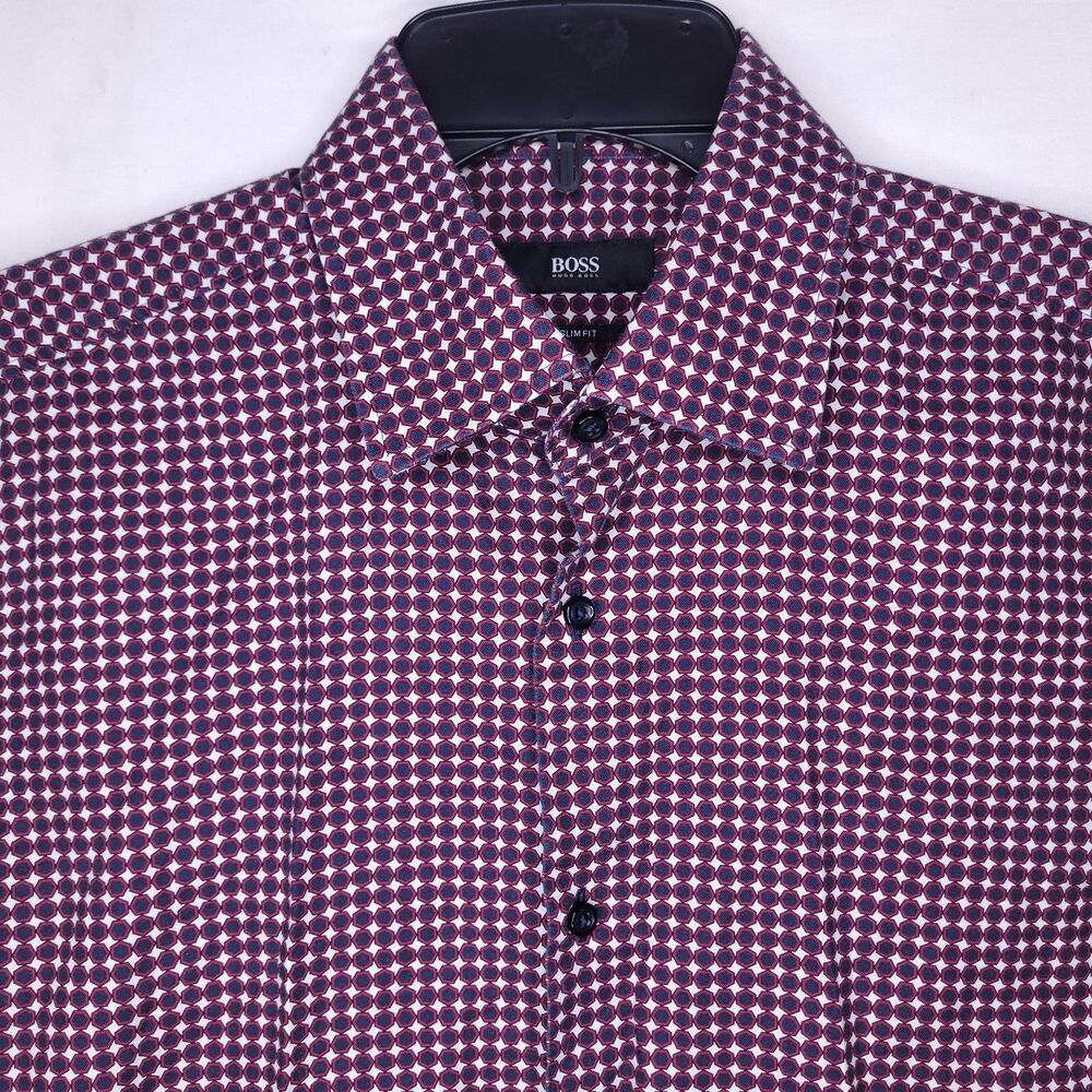 Hugo Boss Dress Shirt Mens 15 Geometric Red, Navy Slim Fit